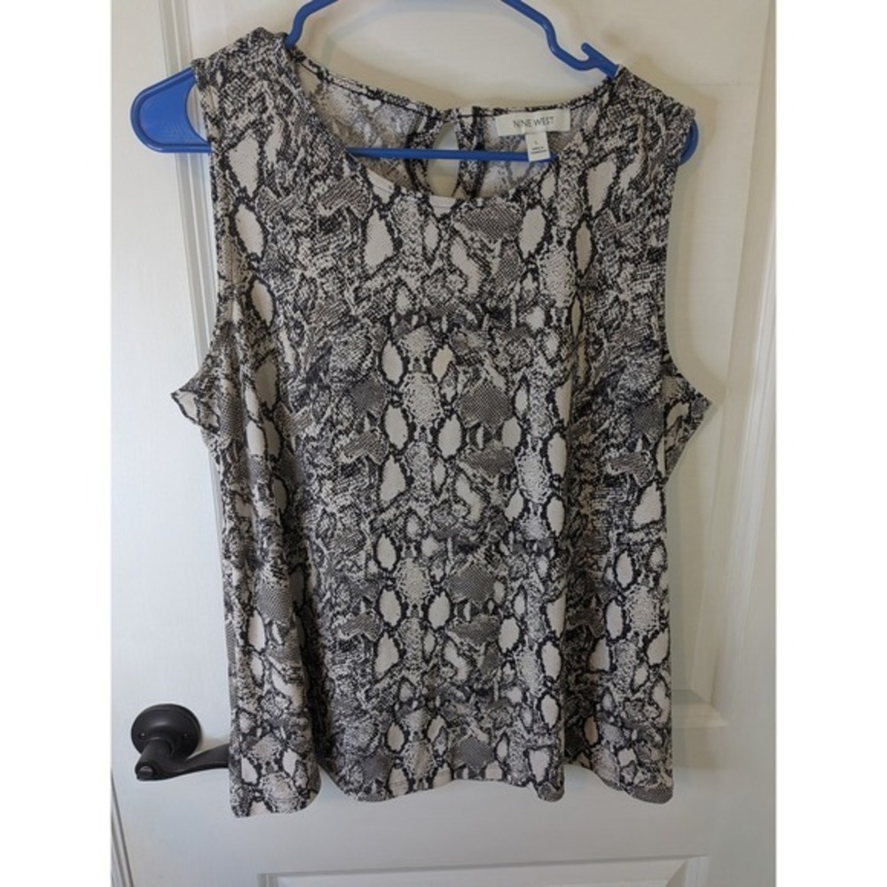 Nine West Womens‎ Grey Black Snakeskin Print Sleeveless Keyhole Blouse Large